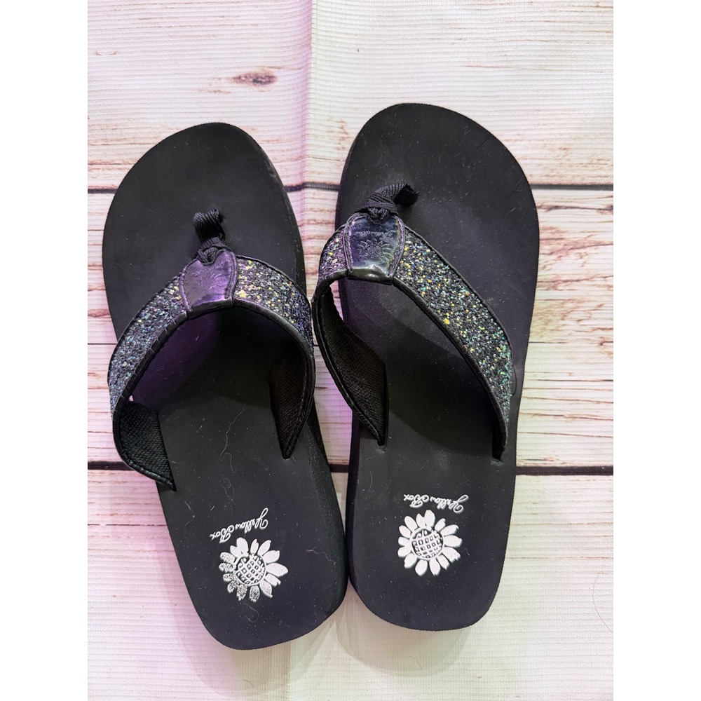 Yellow Box Women Black Glitter Platform Flip Flops Wedge Thong Sandals Size 7